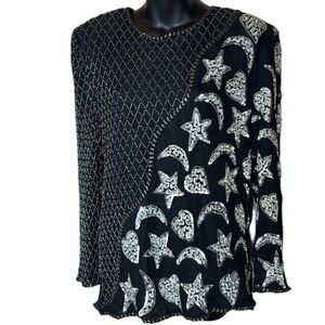 Vintage sweelo beaded sequined celestial‎ witchy silk artsy  abstract top xxl